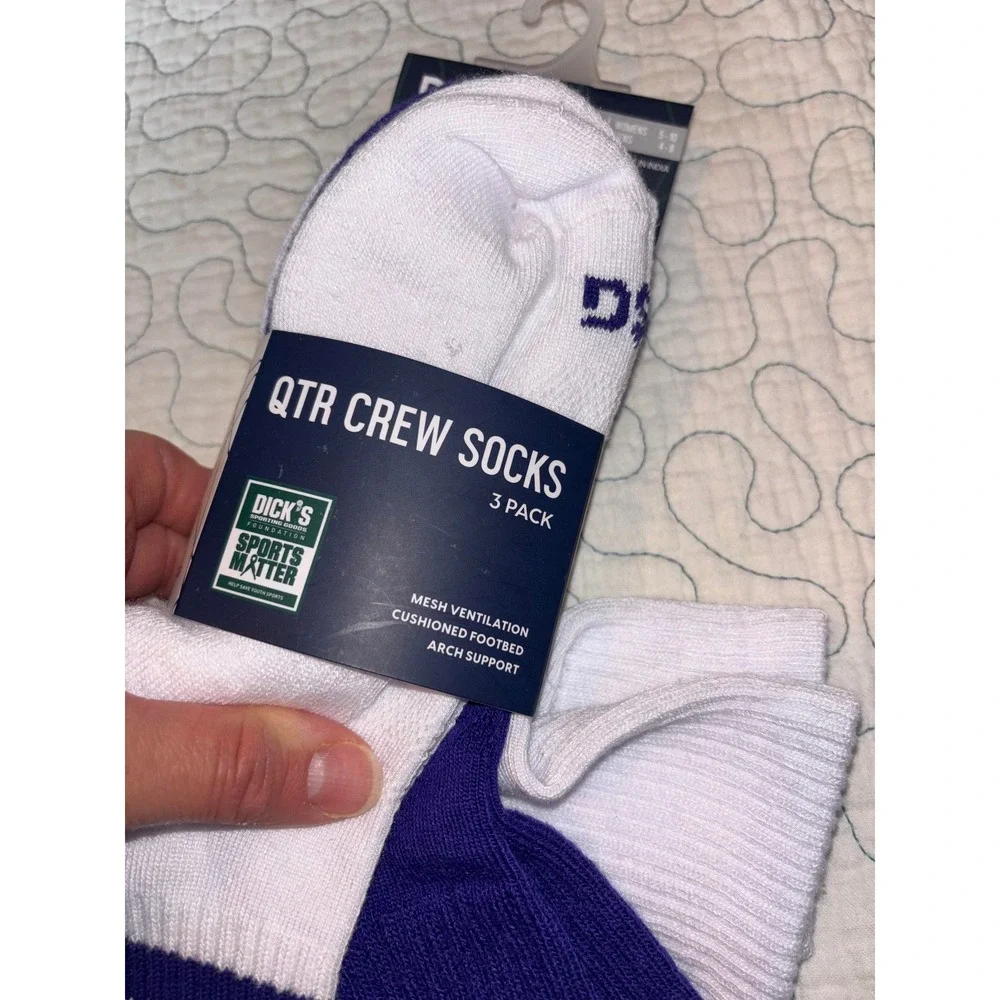 DSG Women 5-10 Quarter Crew Socks 3 Pack White Purple Striped Athletic